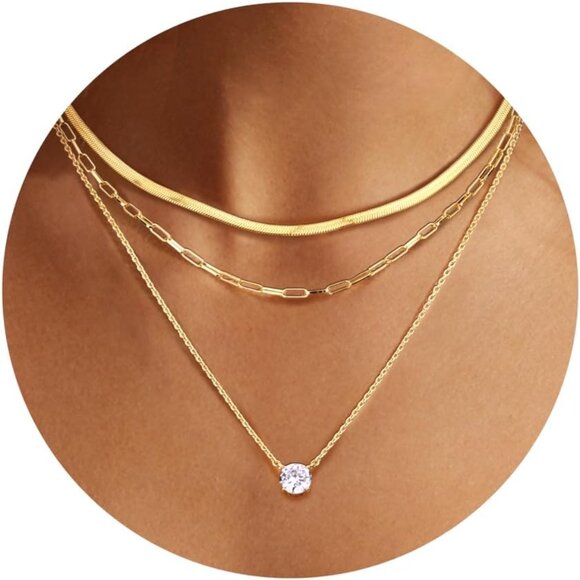 Gold Layered Necklace Set for Women Herringbone Paperclip Chain Pendant Jewelry - Picture 1 of 7